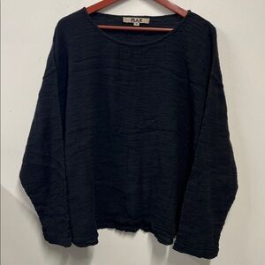 New FLAX  Black Top Scoop Neck Long Sleeve Pullover Linen Cotton Layering Shirt